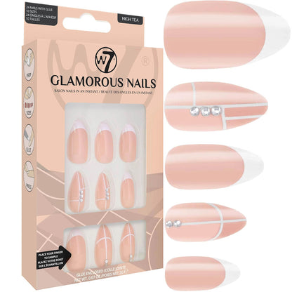 W7 Cosmetics Glamorous False Nails High Tea - Long Fake Adhesive Included Party Nails