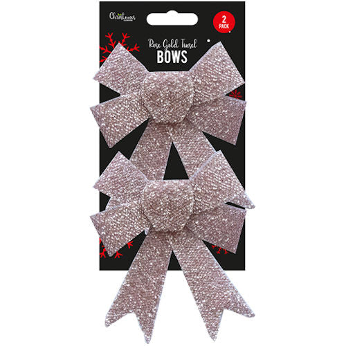 Large Rose Gold Tinsel Bows - 2 Pack Festive Holiday Decoration Christmas Gift Wrapping Ribbon Bow