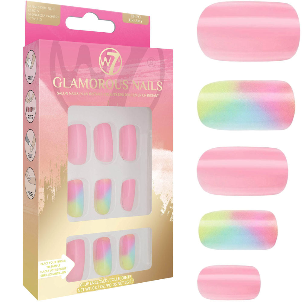 W7 Cosmetics Glamorous False Nails Oh So Dreamy - Long Fake Adhesive Included Party Nails