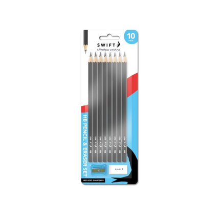 9 HB Pencil, Eraser & Sharpener Set