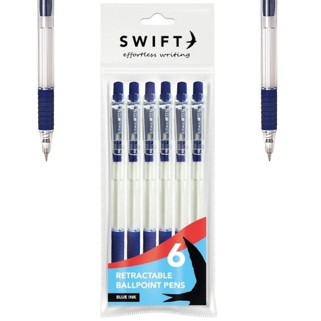 Retractable Blue Ink Ballpoint Pens - 6 Pack