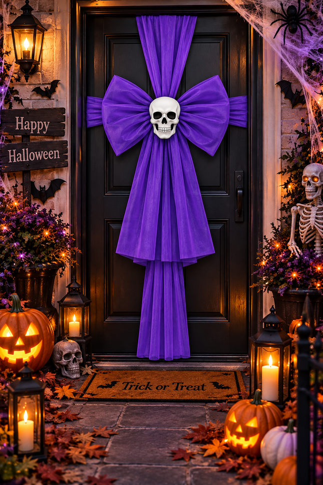 Purple Skeleton Halloween Door Bow