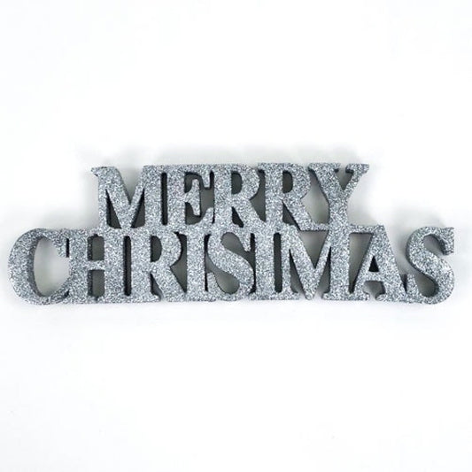 Silver Merry Christmas Glitter Sign - 10cm x 32cm Sparkling Festive Decoration Home Parties