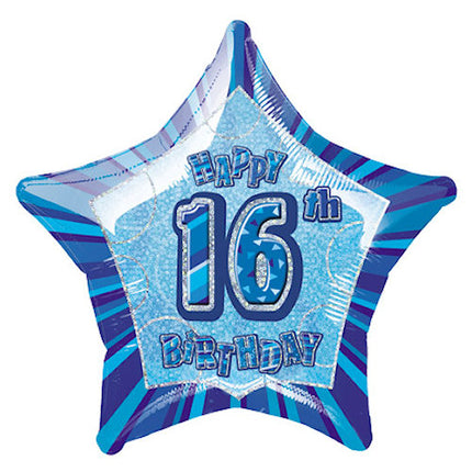 16th Blue Glitz Star Foil Balloon