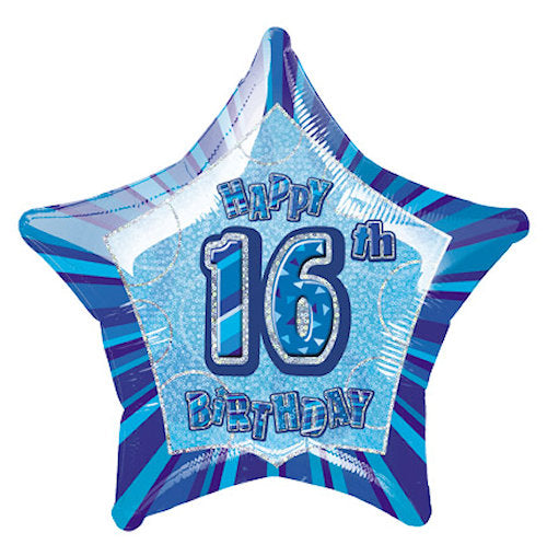 16th Blue Glitz Star Foil Balloon