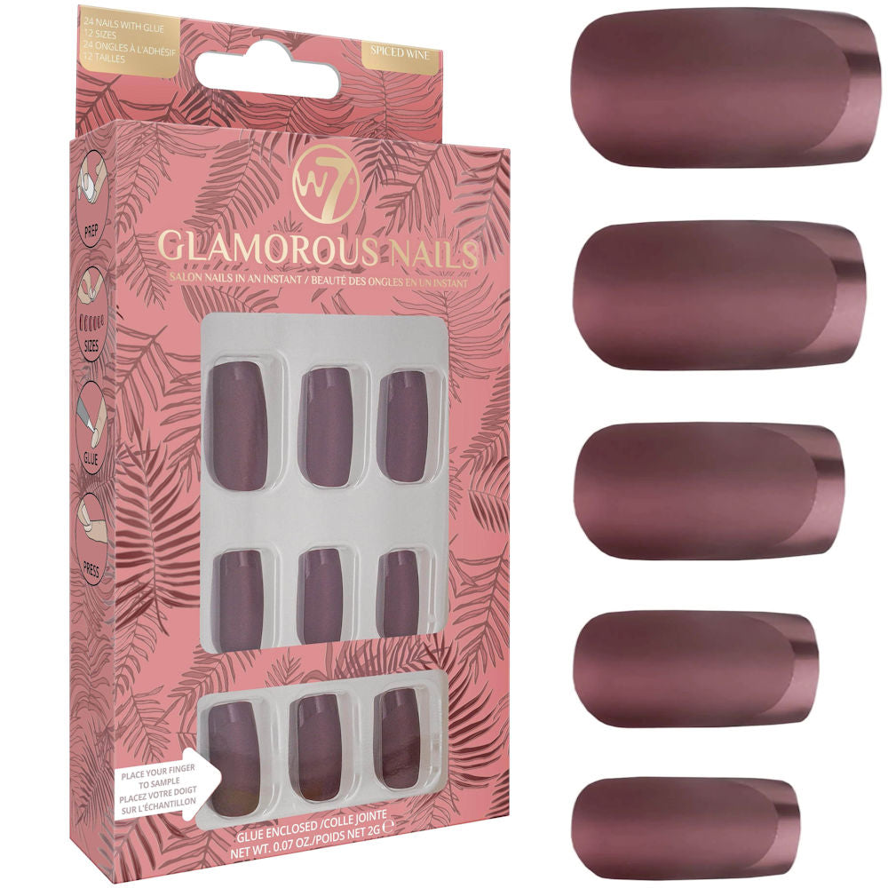 W7 Cosmetics Glamorous False Nails Spiced Wine - Long Fake Adhesive Included Party Nails