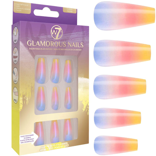 W7 Cosmetics Glamorous False Nails Candy Gloss - Long Fake Adhesive Included Party Nails