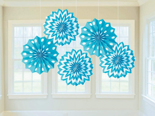 Baby Blue Hanging Paper Fan Decorations - 5 Pack