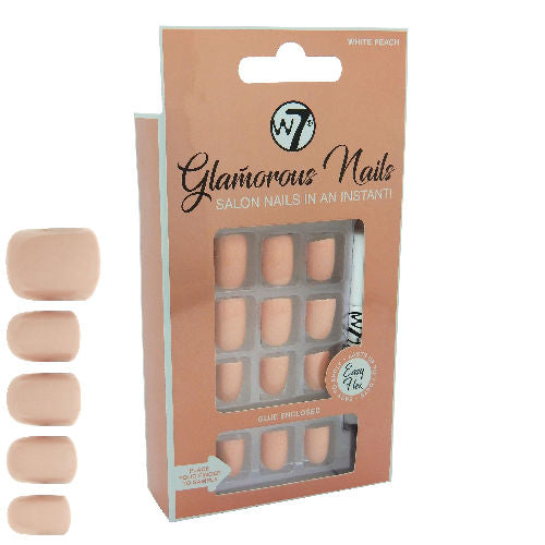 W7 Cosmetics Glamorous False Nails White Peach - Long Fake Adhesive Included Party Nails