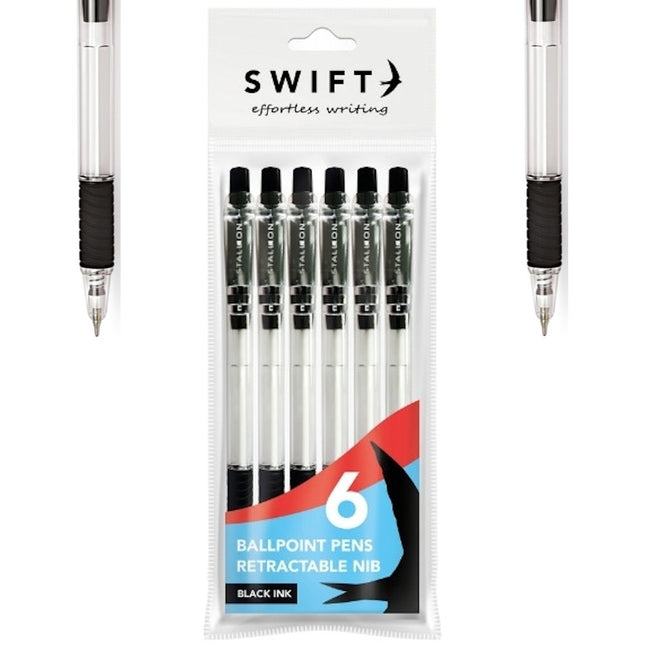 Retractable Black Ballpoint Pens - 6 Pack