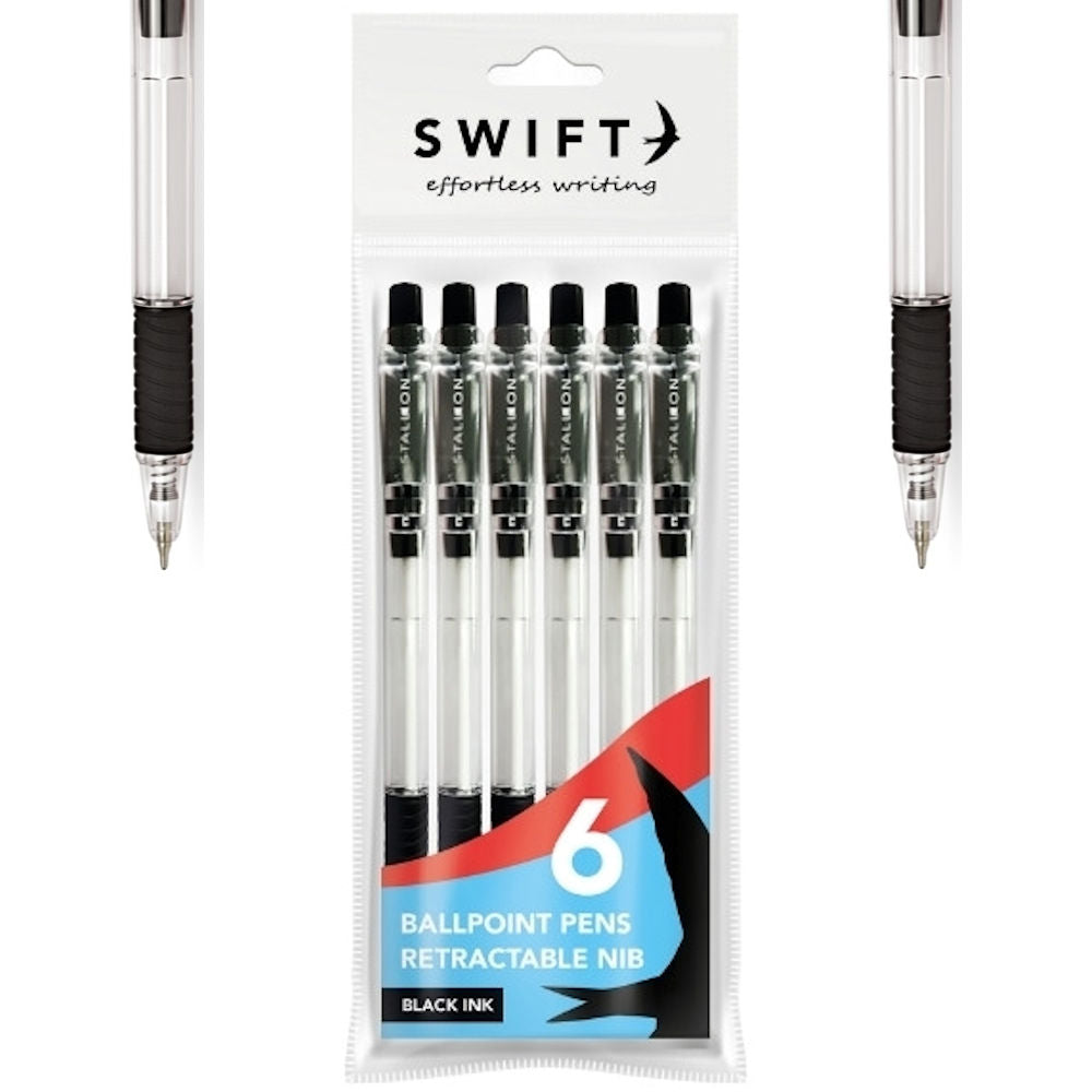 Retractable Black Ballpoint Pens - 6 Pack Convenient Smooth Writing Value