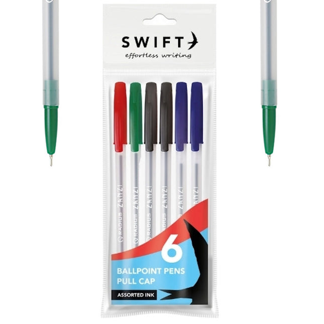 Pull Cap Assorted Ballpoint Pens - 6 Pack