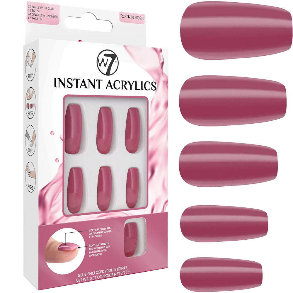 W7 Cosmetics Glamorous False Nails Rock N Rose - Long Fake Adhesive Included Party Nails