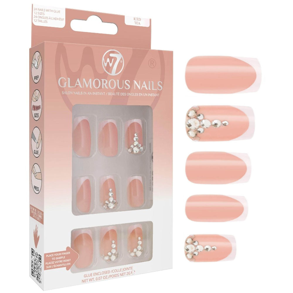 W7 Cosmetics Glamorous False Nails Iced Tea - Long Fake Adhesive Included Party Nails