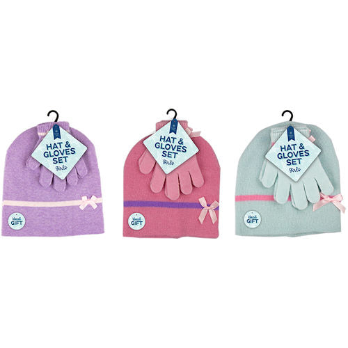 Girls Beanie Hat & Gloves Set Single - Assorted Winter Headwear Warm Knit Cap Gloves