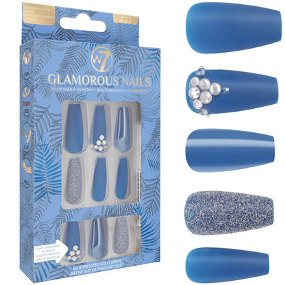 W7 Cosmetics Glamorous False Nails Don't Be Blue - Long Fake Adhesive Included Party Nails