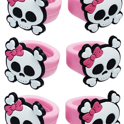 Pink Pirate Rubber Skull Rings - 6 Pack