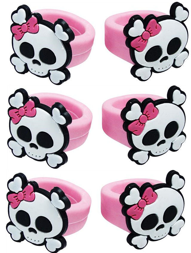 Pink Pirate Rubber Skull Rings - 6 Pack