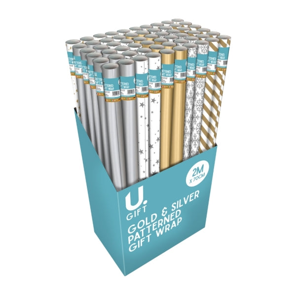Gold/Silver Patterned 200cm x 70cm Giftwrap Roll