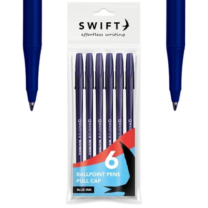 Pull Cap Blue Ballpoint Pens - 6 Pack