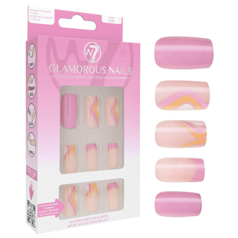 W7 Cosmetics Glamorous False Nails Easy Livin' - Long Fake Adhesive Included Party Nails