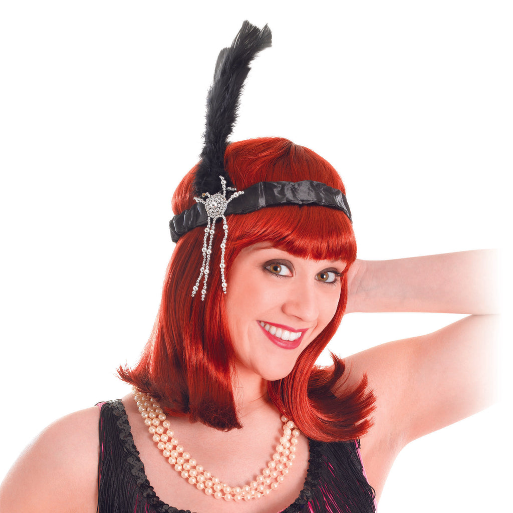 Black Flapper Headband & Feather – 1920s Style Costume Accessory Glamorous Vintage Sequin Gatsby Parties Fancy Dress