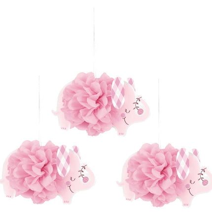Pink Elephant 9" Hanging Tissue Pom Pom Decorations - 3 Pack