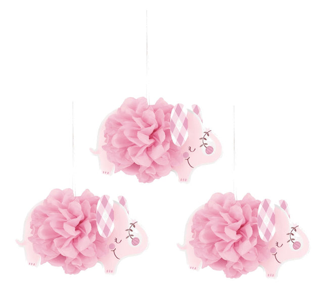 Pink Elephant 9" Hanging Tissue Pom Pom Decorations - 3 Pack