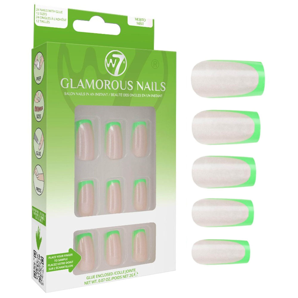 W7 Cosmetics Glamorous False Nails Mojito Mist - Long Fake Adhesive Included Party Nails