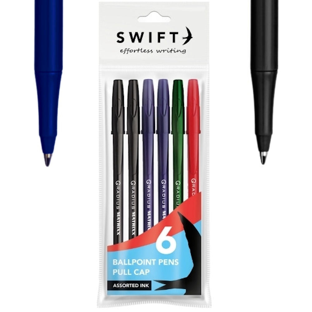 Pull Cap Assorted Ballpoint Pens - 6 Pack Convenient Smooth Writing Value