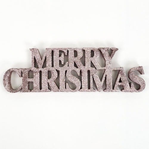 Rose Gold Merry Christmas Glitter Sign - 10cm x 32cm Sparkling Festive Decoration Home