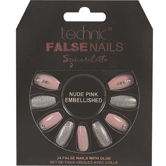Technic Cosmetics False Nails - Squareletto Nude Pink Embellished