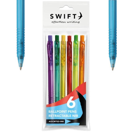 Retractable Colourful Assorted Ballpoint Pens - 6 Pack