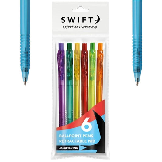 Colourful Assorted Retractable Ballpoint Pens 6 Pack