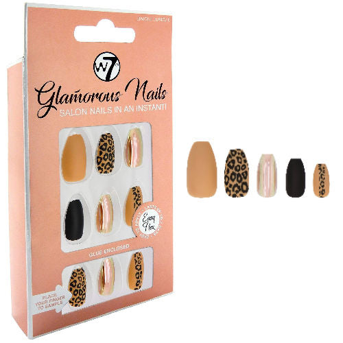 W7 Cosmetics Glamorous False Nails Jingle Jungle - Long Fake Adhesive Included Party Nails