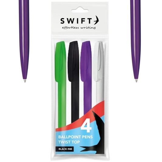 Colourful Twist Black Ink Pens 4 Pack