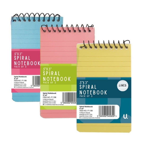 5 Spiral 5" x 3" Colour Notebook