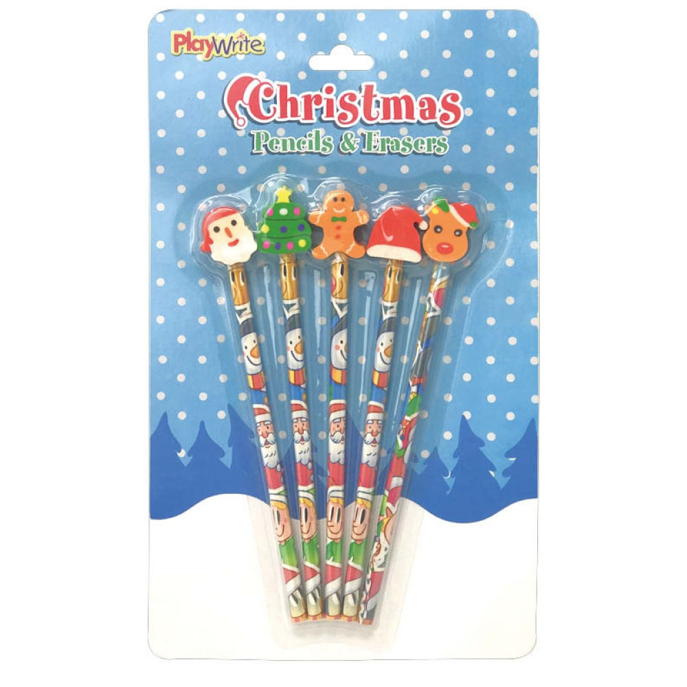 5 Christmas Pencils & Erasers (Pack)