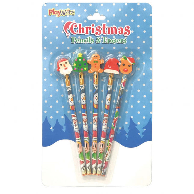 Christmas Pencils & Erasers - 5 Pack