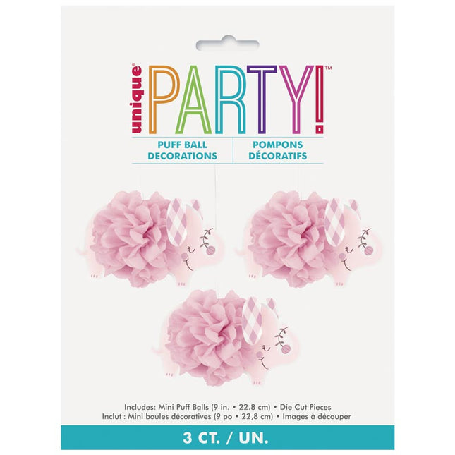 Pink Elephant 9" Hanging Tissue Pom Pom Decorations - 3 Pack
