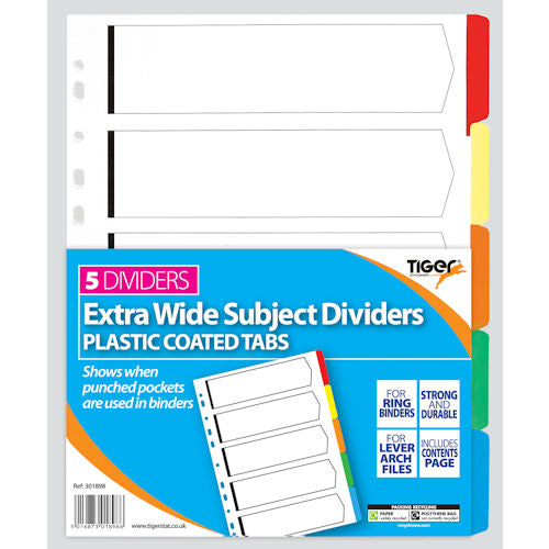 A4 Extra Wide Subject Dividers - Plastic Coated Tabs Durable Organisers Multi Colour Index File