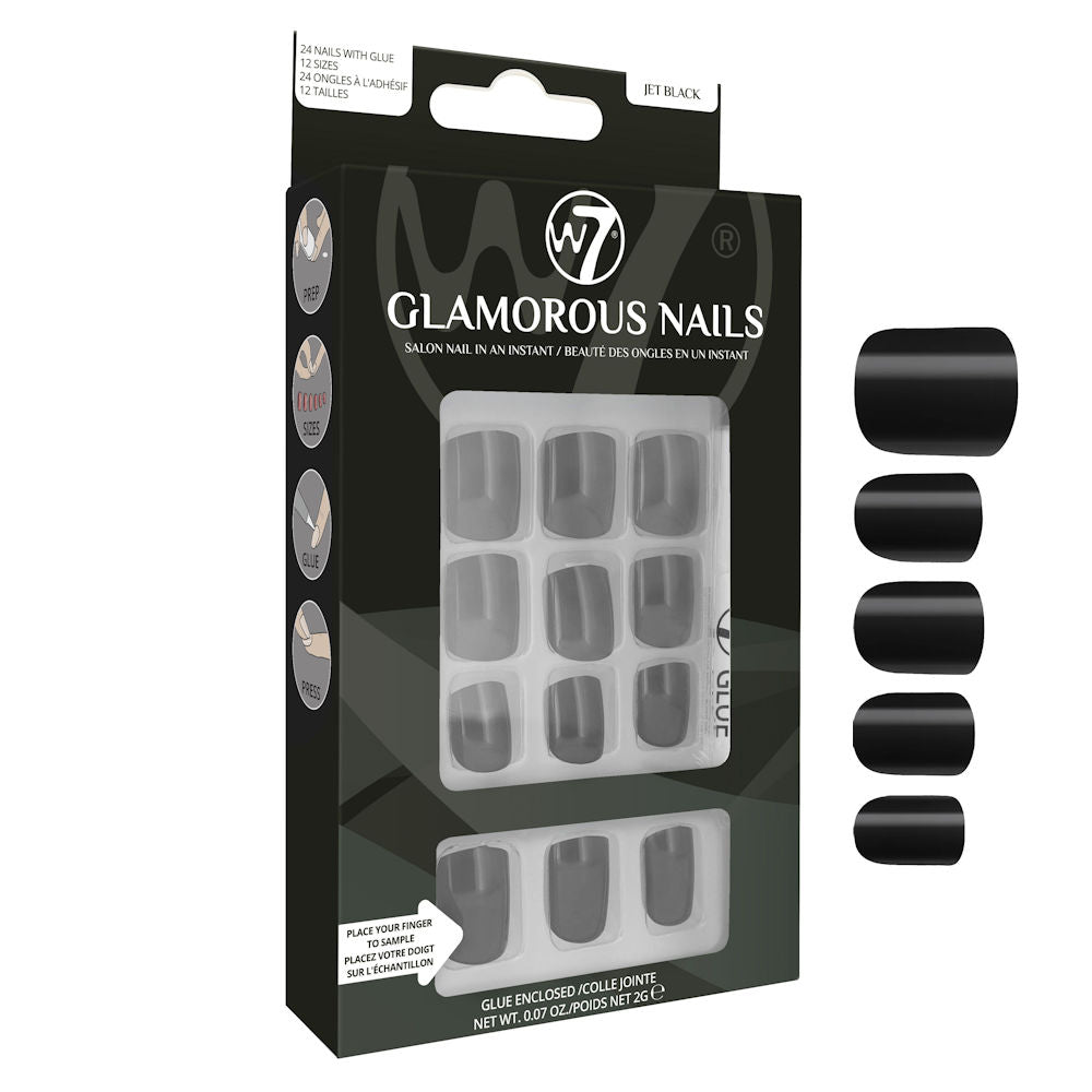 W7 Cosmetics Glamorous False Nails Jet Black - Long Fake Adhesive Included Party Nails