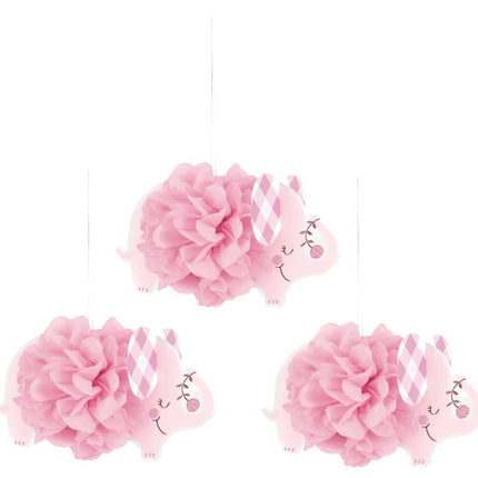 Pink Elephant 9" Hanging Tissue Pom Pom Decorations - 3 Pack