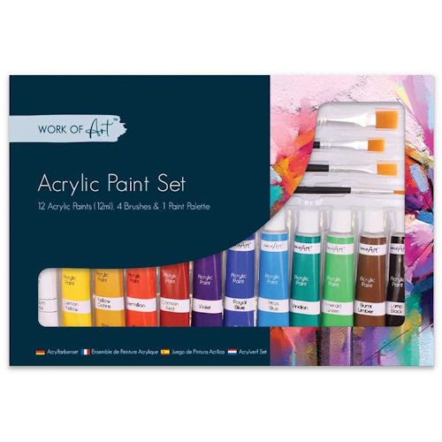 Artists Acrylic Set - 12 Pack 12ml Tubes Assorted Bright Colours Artist Supplies
