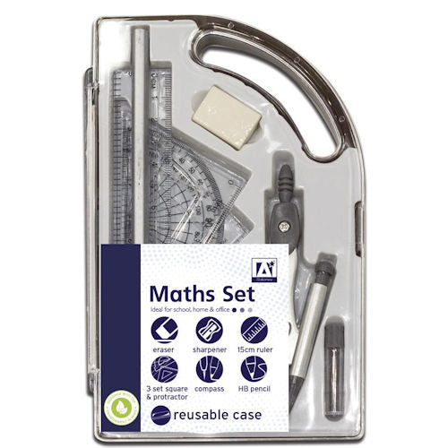 Maths Set - Includes Eraser Sharpener 15cm Ruler 3 Set Squares Protractor Compass HB Pencil Complete Stationery Kit for Mathematical Tasks