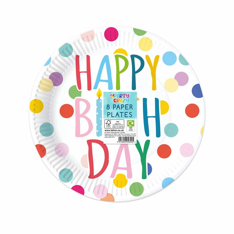 Happy Birthday Design Paper Plates 9" - 8 Pack Party Tableware Celebration