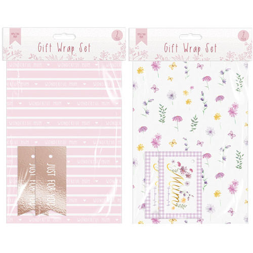 Mother's Day Gift Wrap Pack - Assorted 2 Sheets 2 Foiled Tags Festive Wrapping Paper Ribbon Bow