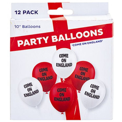 Come On England Printed Balloons - 12 Pack Football Party Decorations Red White