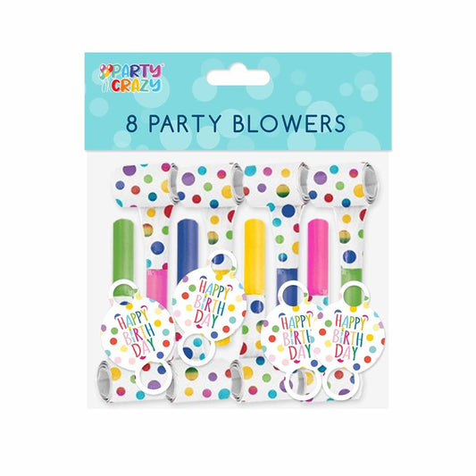 Happy Birthday Design Party Blowers 8 Pack