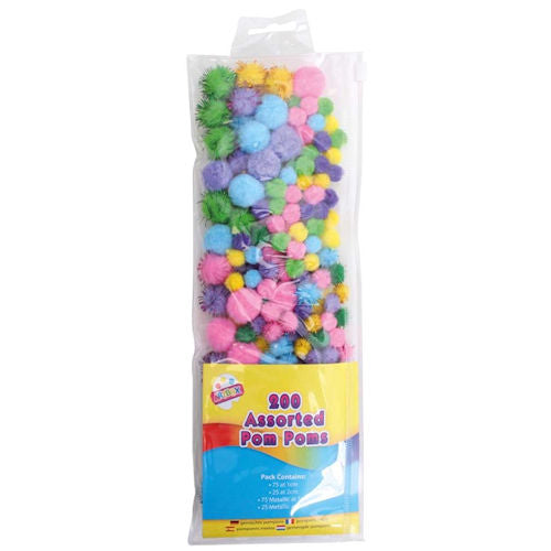 Mixed Pom Poms - 200 Pack Craft Supplies Assorted Colours DIY Art